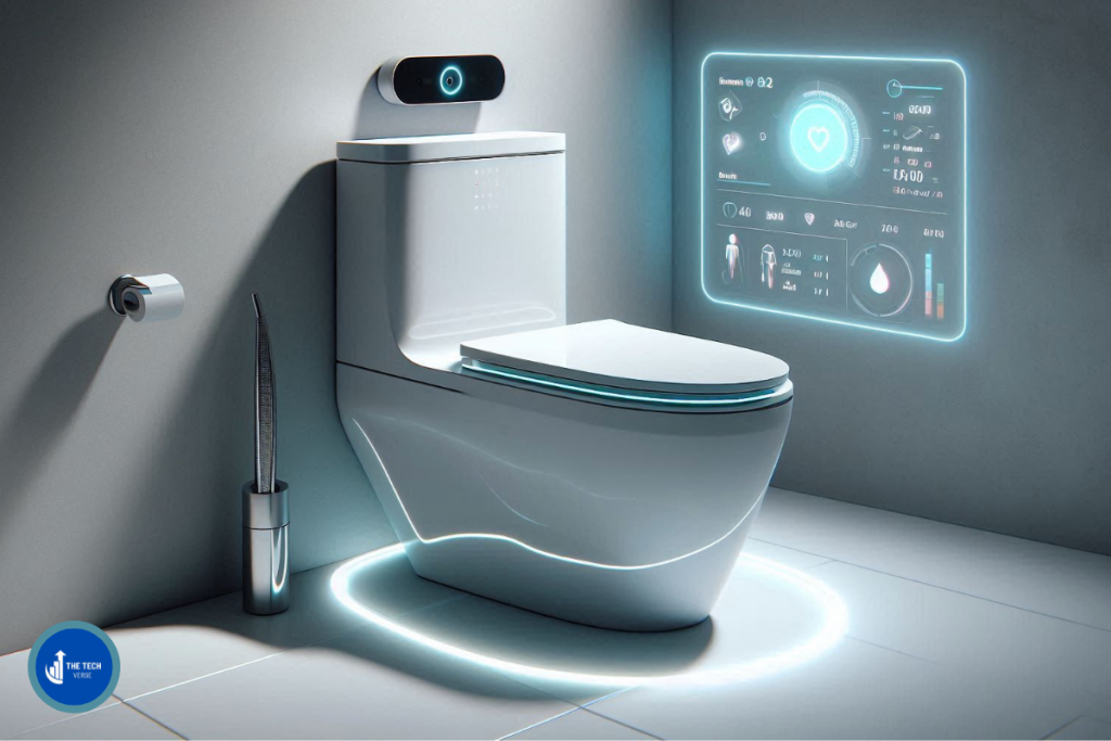 A high-tech toilet with AI sensors, representing innovation in health monitoring.